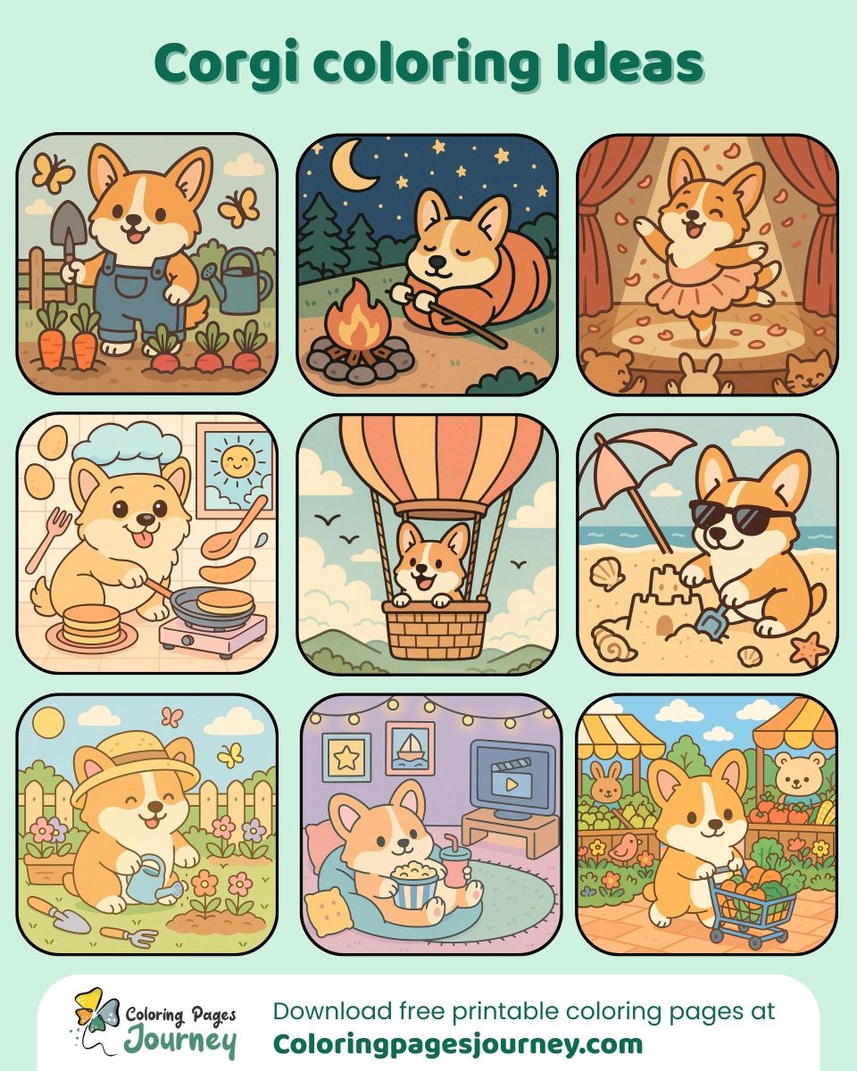 Corgi coloring ideas with cozy and playful daily scenes A collection of Corgi coloring ideas in everyday moments