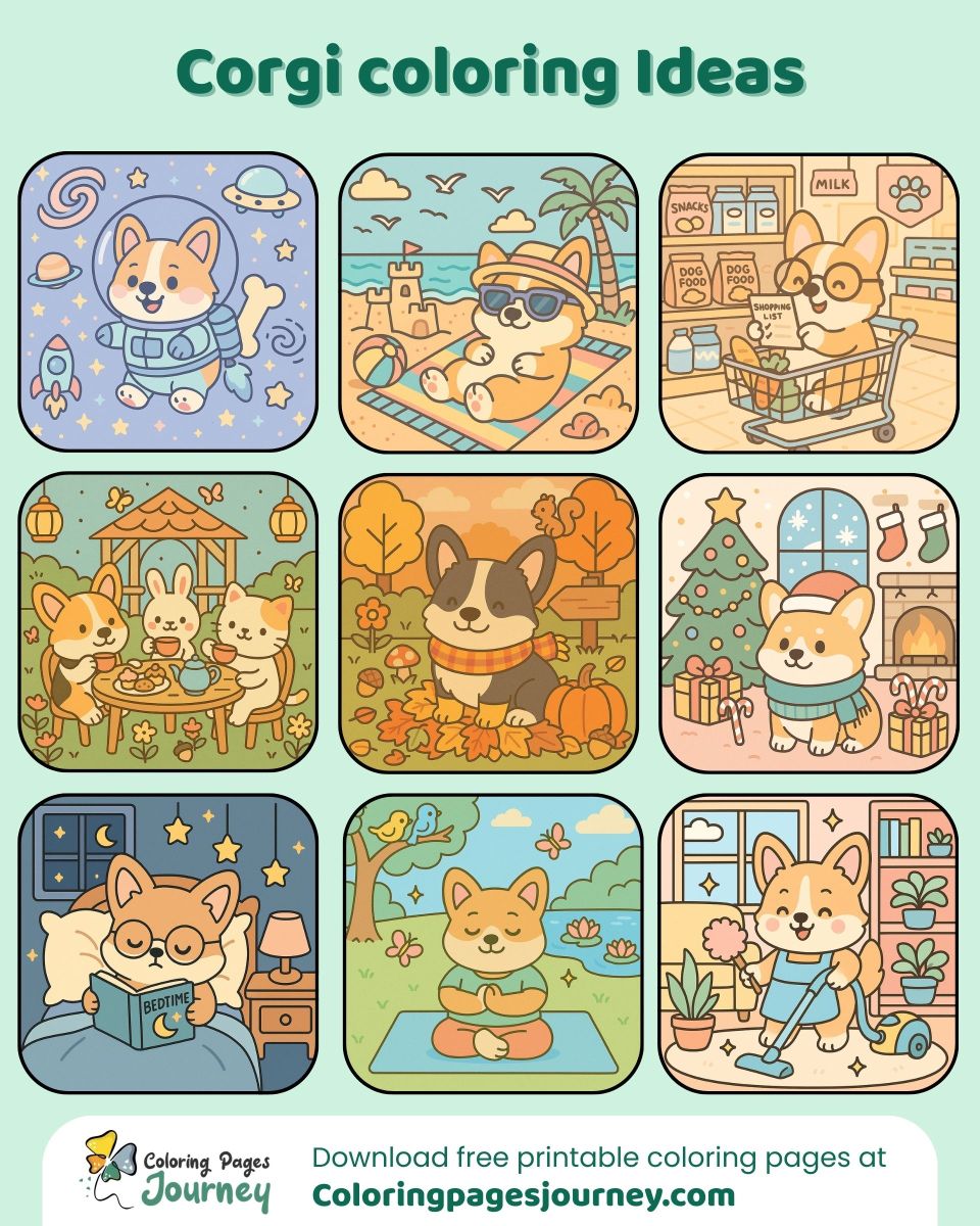 Corgi coloring ideas with fun inside, outdoor, and also adventure A collage of Corgi coloring ideas with playful experiences