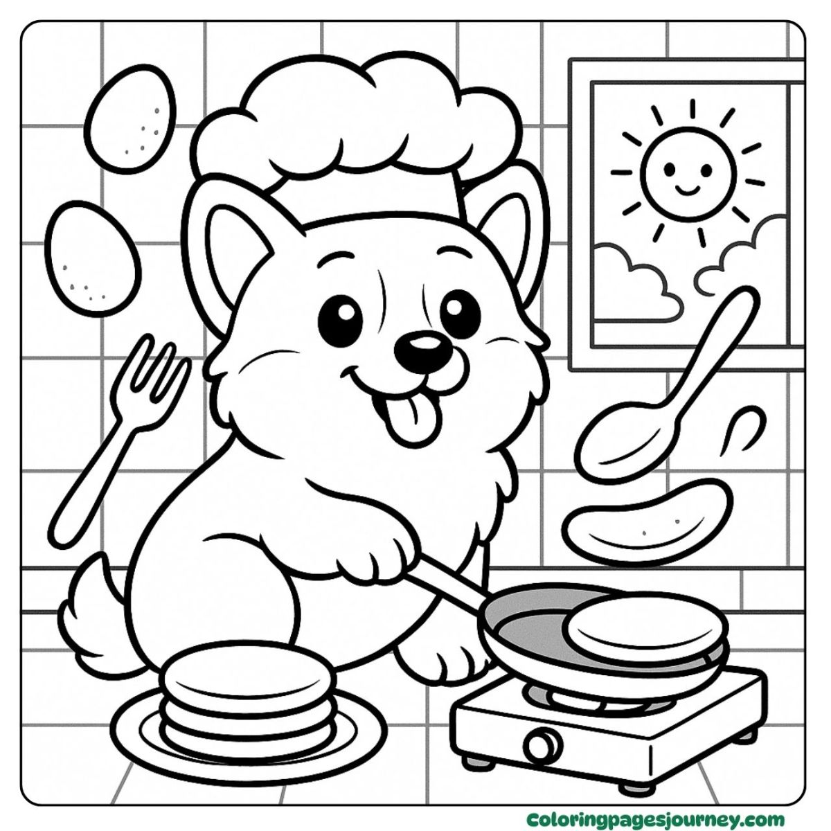 Cute Corgi coloring page with cooking pancakes in kitchen Cute Corgi coloring page of a puppy chef flipping pancakes