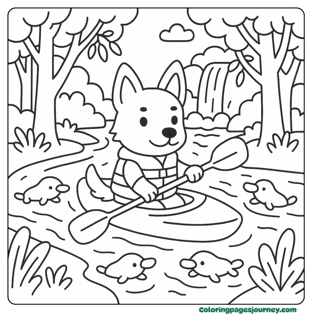 An Australian Cattle coloring page on a kayaking journey An Australian Cattle coloring page kayaking in forest