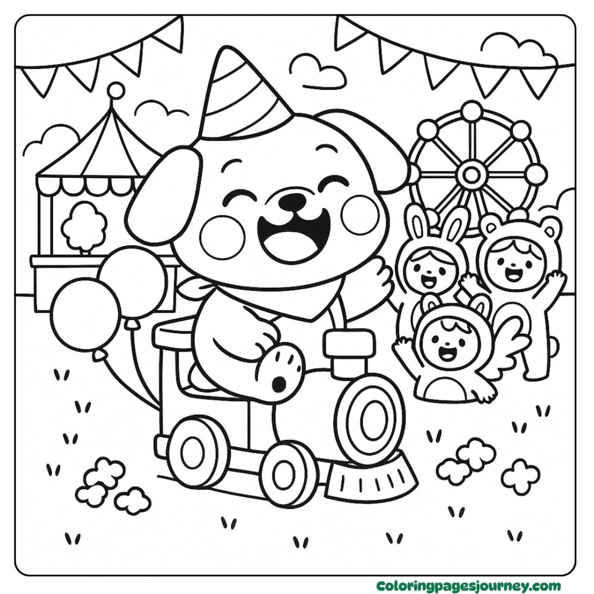 A baby Bulldog coloring page enjoying a fun carnival ride A baby Bulldog coloring page riding a train at a festival