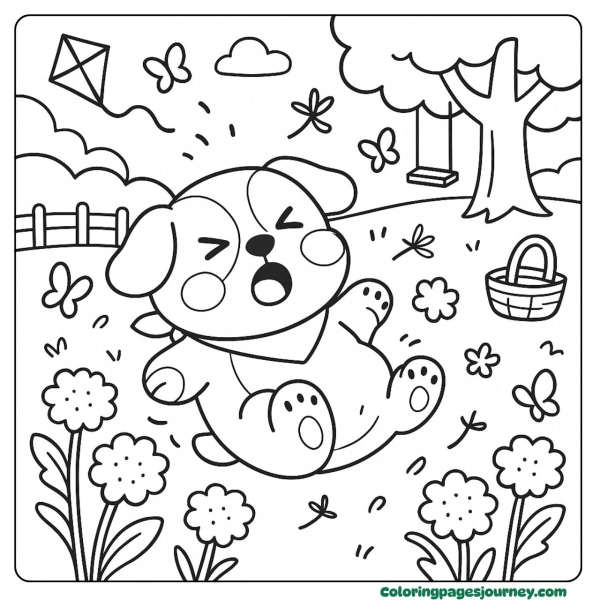 A baby Bulldog coloring page resting in a flower field A baby Bulldog coloring page yawning in a flower meadow