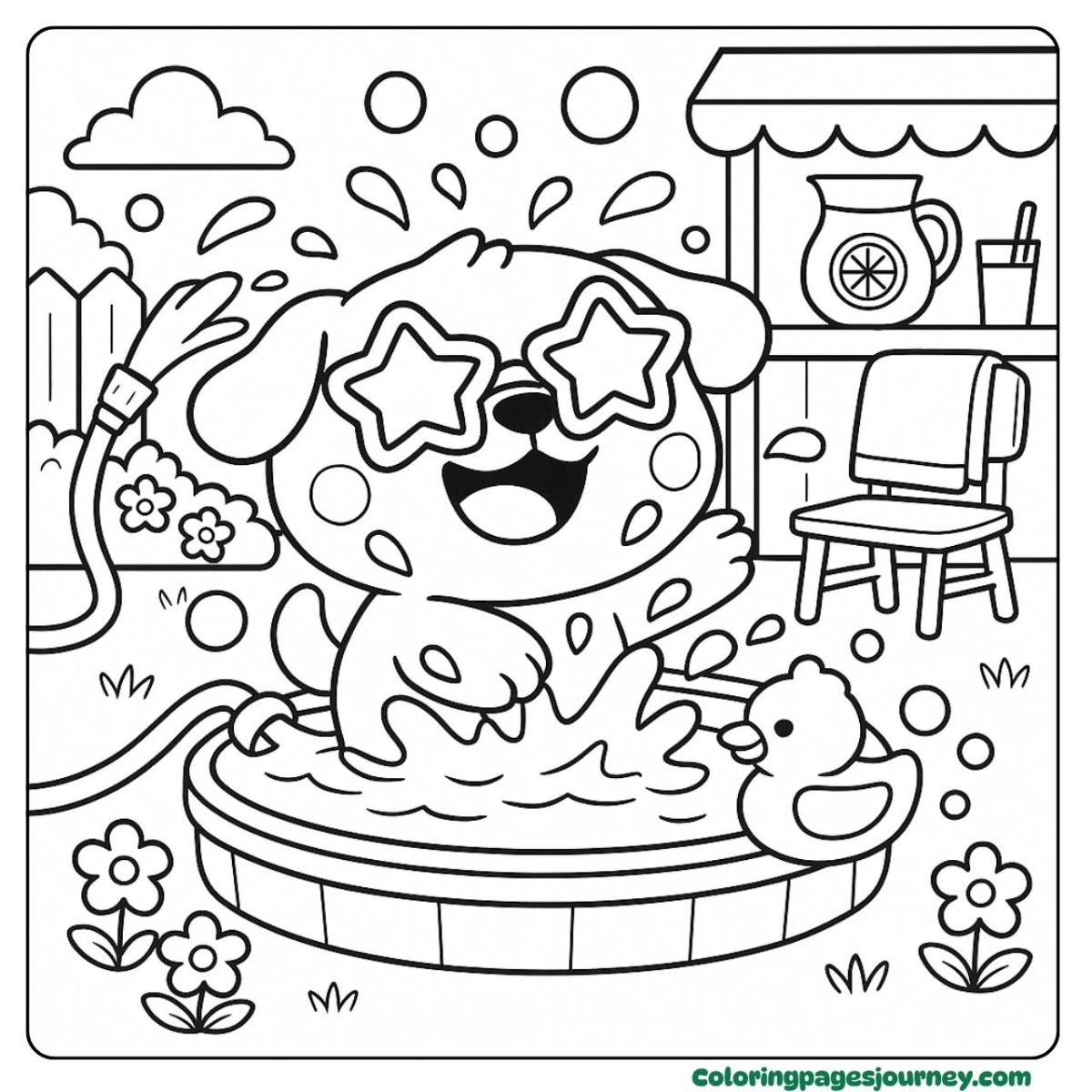 A baby Bulldog coloring page splashing in the backyard pool A baby Bulldog coloring page having fun with water and toys