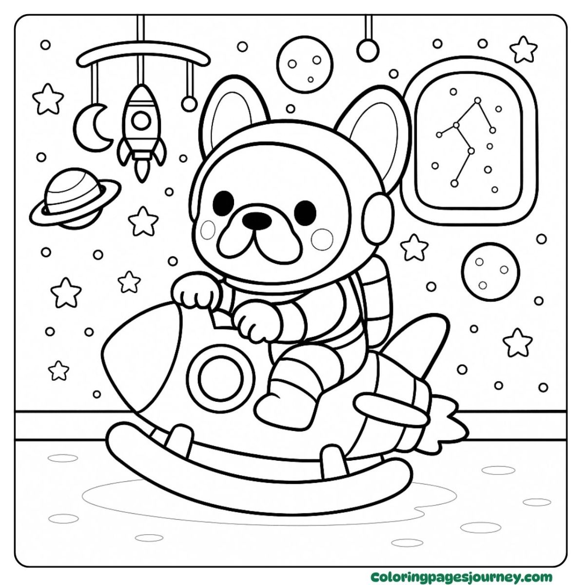 A baby French Bulldog coloring page in a space adventure A baby French Bulldog coloring page riding a toy rocket