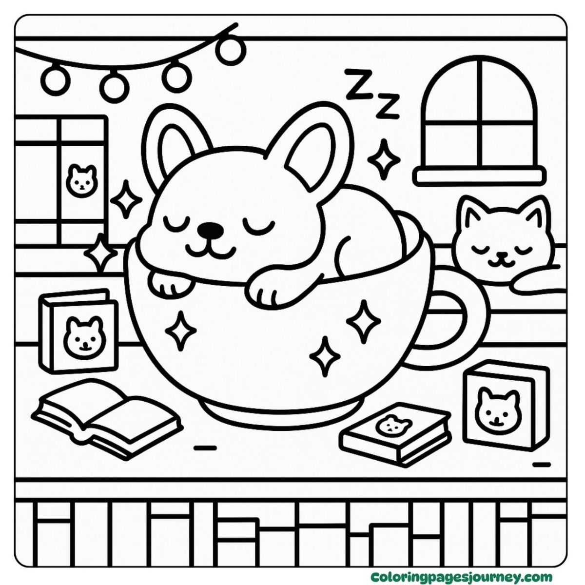 A baby French Bulldog coloring page napping in a teacup A baby French Bulldog coloring page curled up in a teacup