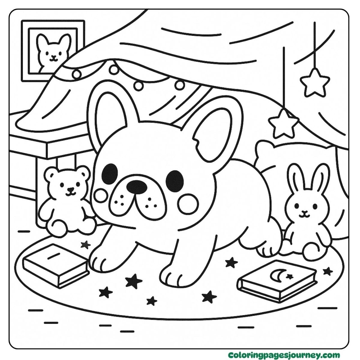 A baby French Bulldog coloring page playing in a pillow fort A baby French Bulldog coloring page inside a cozy blanket fort