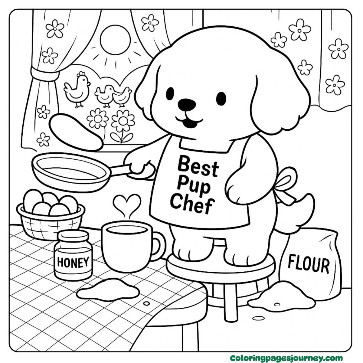 A baby Golden Retriever coloring page as little chef pup A baby Golden Retriever coloring page cooking in kitchen