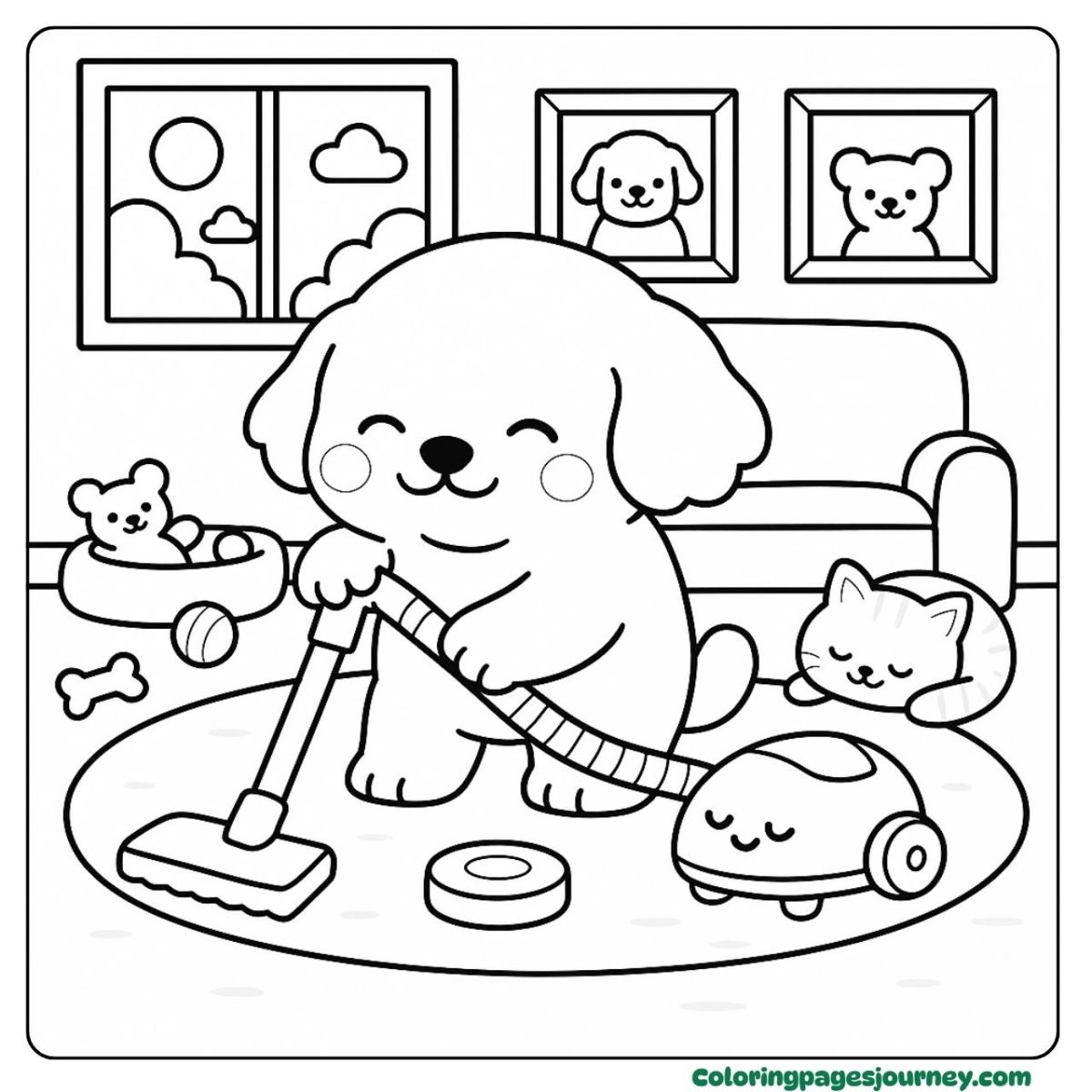 A baby Golden Retriever coloring page cleaning the room A baby Golden Retriever coloring page with vacuum fun