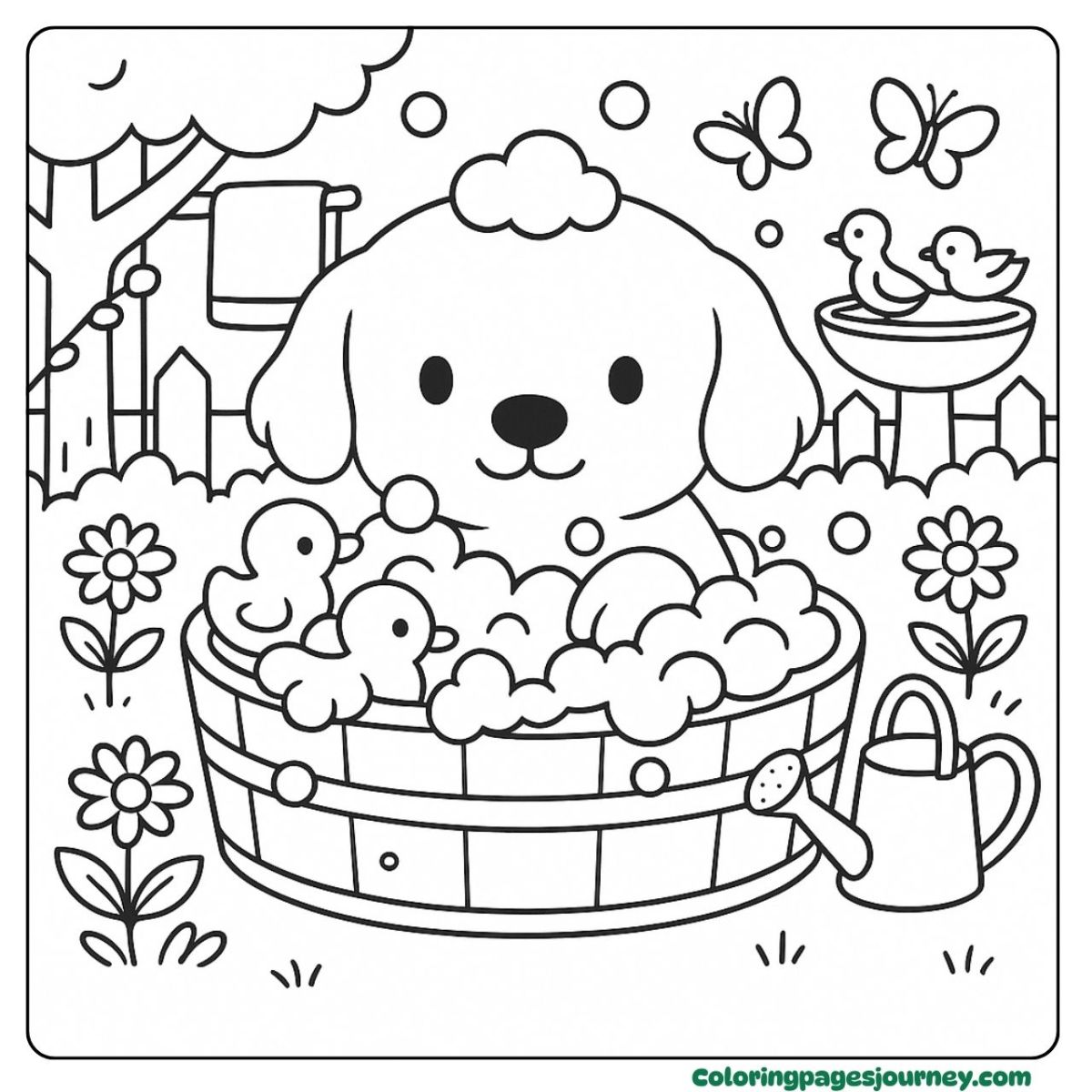 A baby Golden Retriever coloring page with bubble bath fun A baby Golden Retriever coloring page splashing in tub