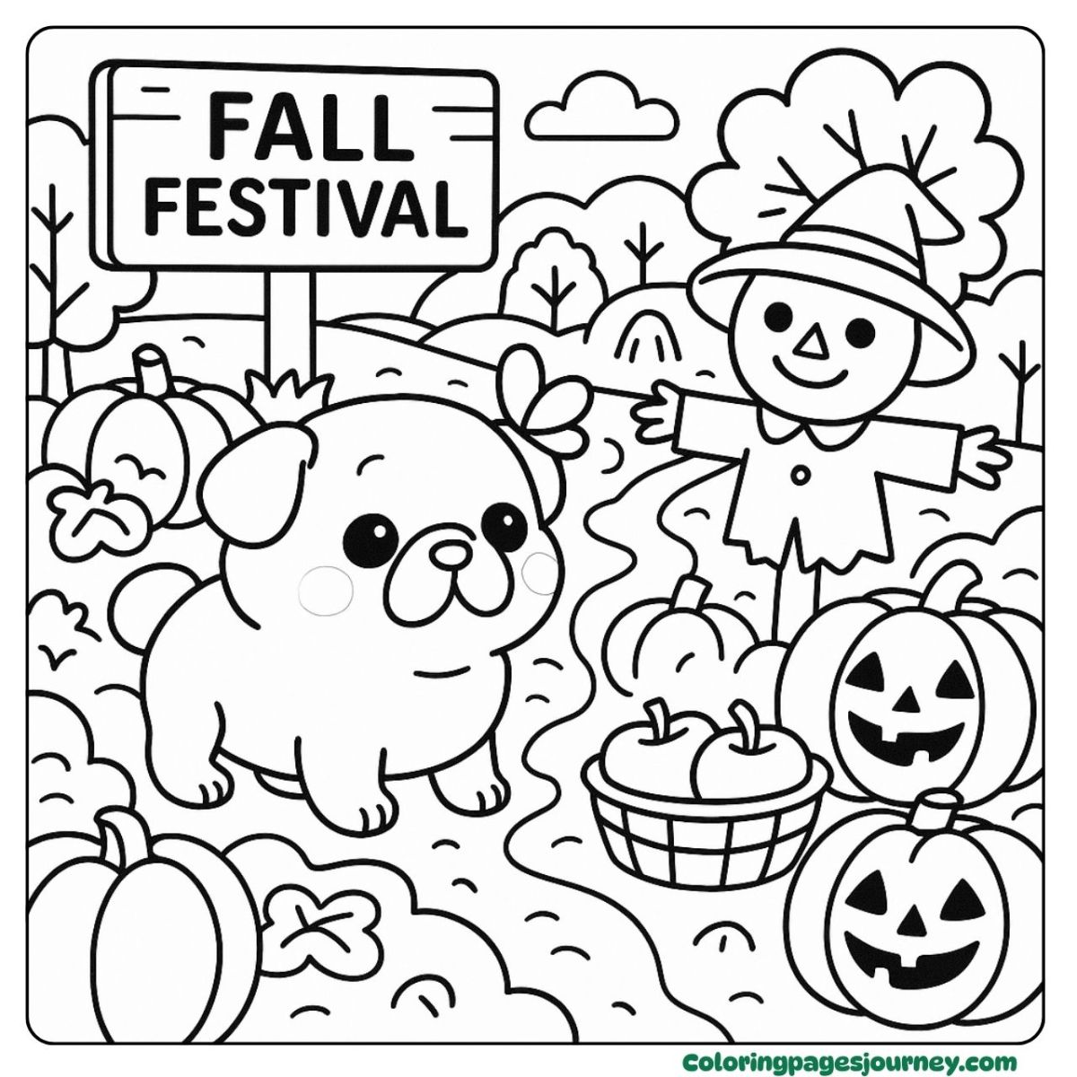 A baby pug coloring page fall festival and pumpkins A baby pug coloring page with pumpkins and scarecrow