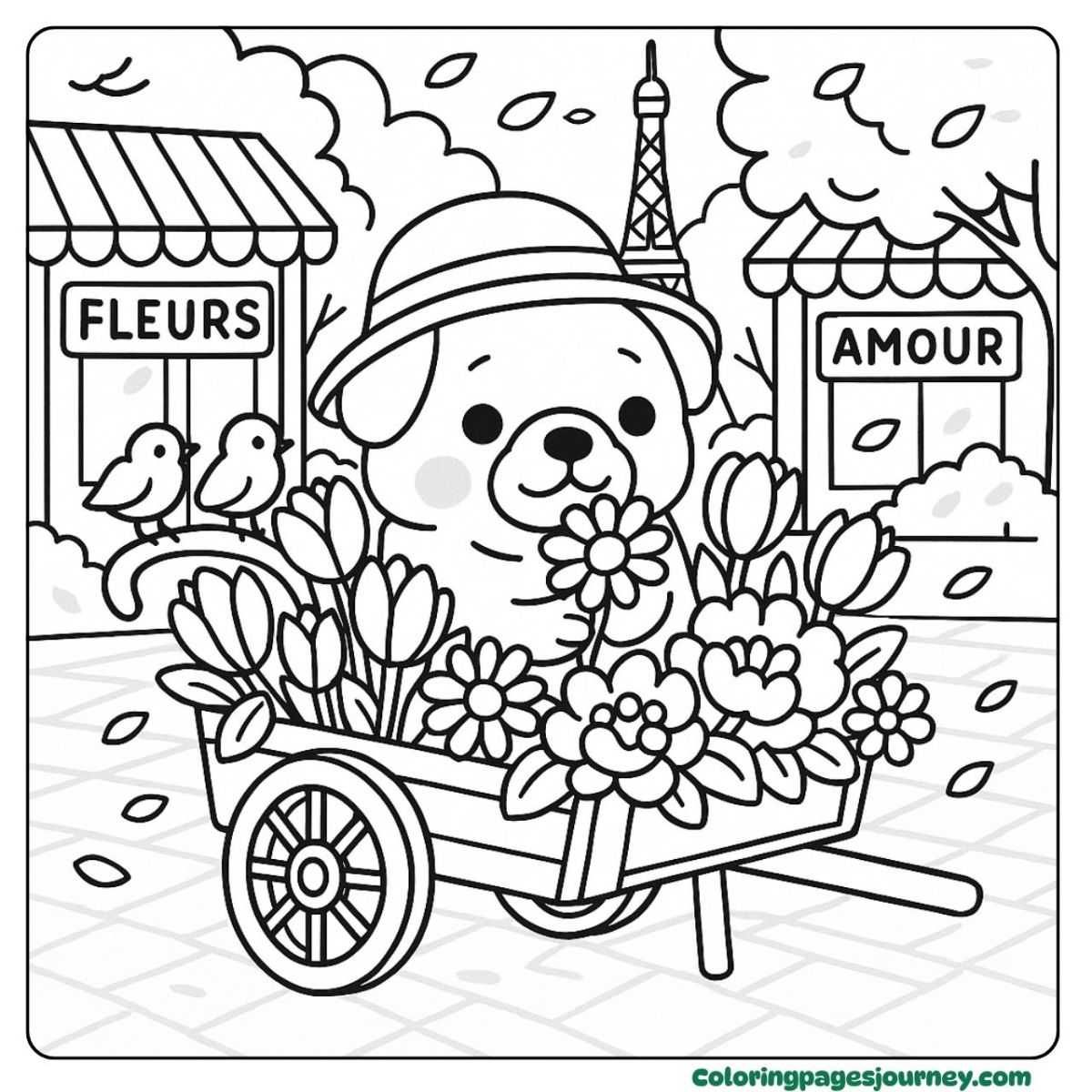 A baby pug coloring page flower cart stroll in paris A baby pug coloring page with flowers and paris street