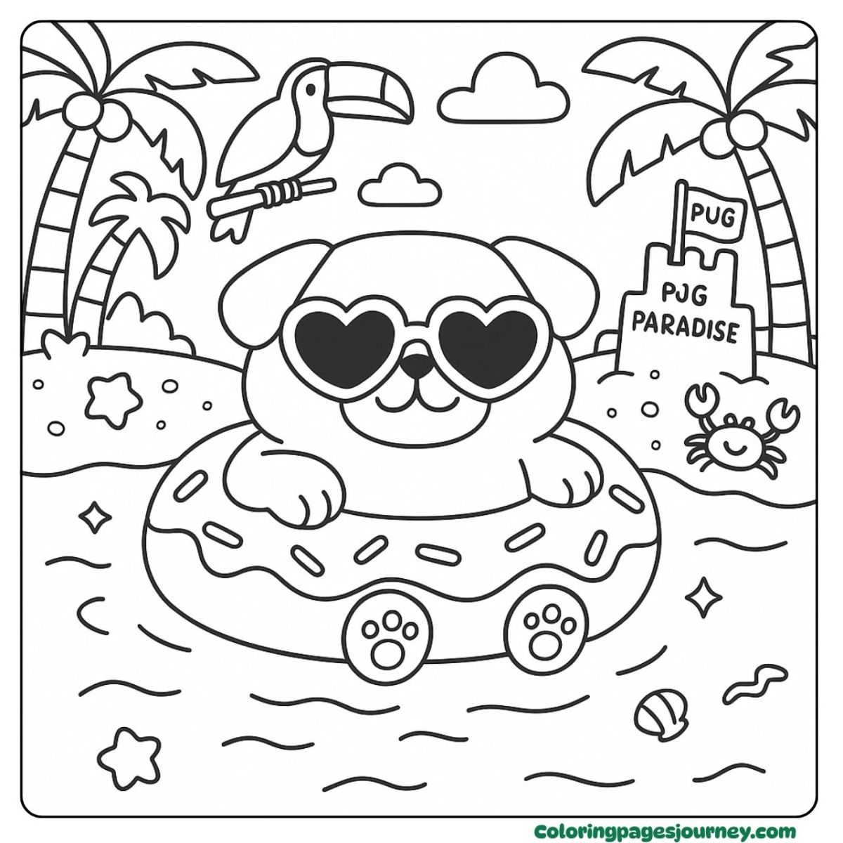 A baby pug coloring page summer float at beach paradise A baby pug coloring page with beach float and palm trees