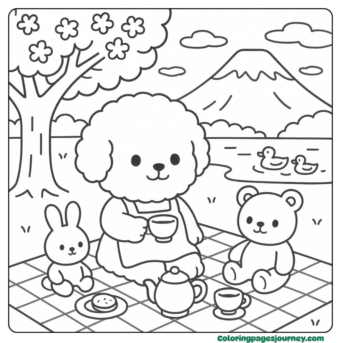 A Bichon Frise coloring page enjoying a lakeside tea party A Bichon Frise coloring page with a tea picnic scene