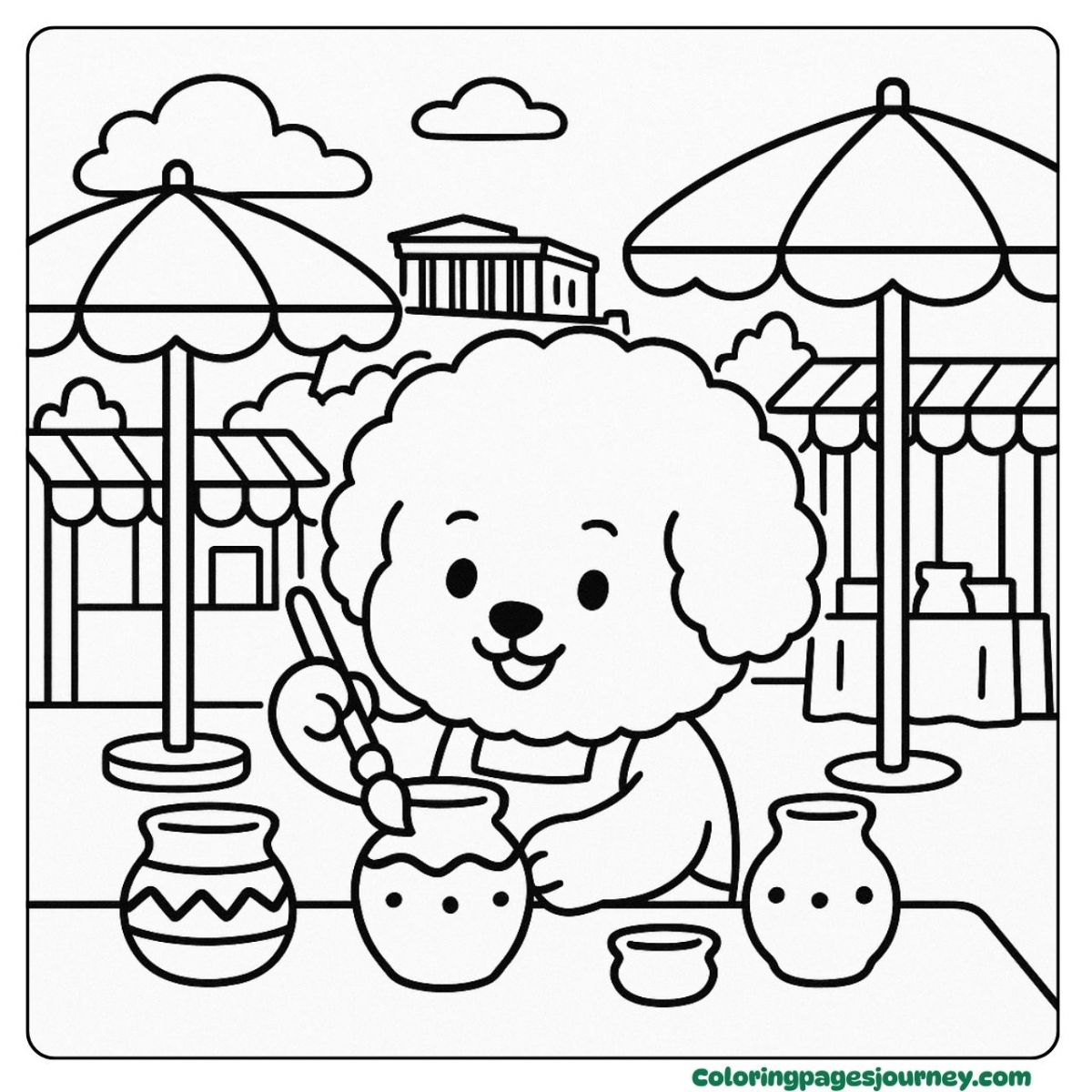 A Bichon Frise coloring page with creative pottery fun A Bichon Frise coloring page showing pottery painting