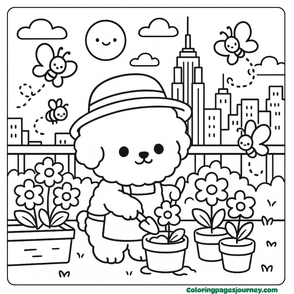 A Bichon Frise coloring page with rooftop garden joy A Bichon Frise coloring page featuring rooftop gardening