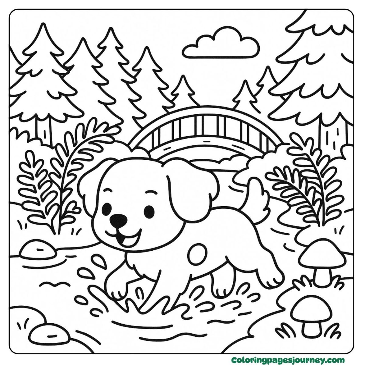 A Brittany Spaniel coloring page in a forest stream A Brittany Spaniel coloring page with forest and stream