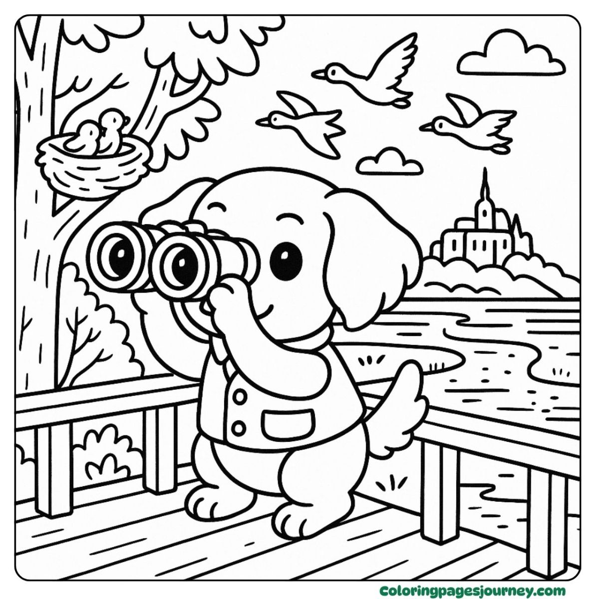 A Brittany Spaniel coloring page spotting birds A Brittany Spaniel coloring page with binoculars