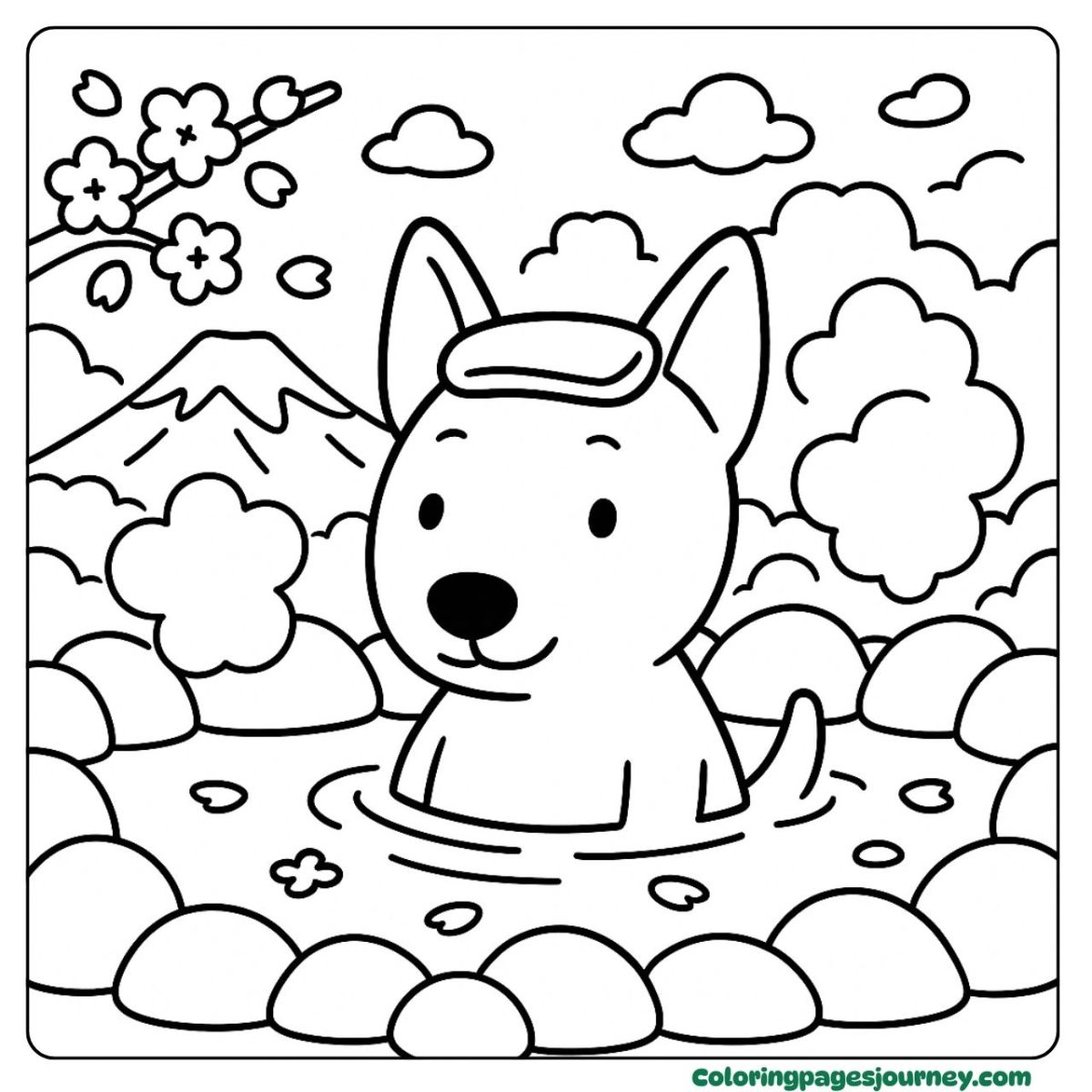 A Bull Terrier coloring page enjoying a warm hot spring soak A Bull Terrier coloring page relaxing in a mountain hot spring