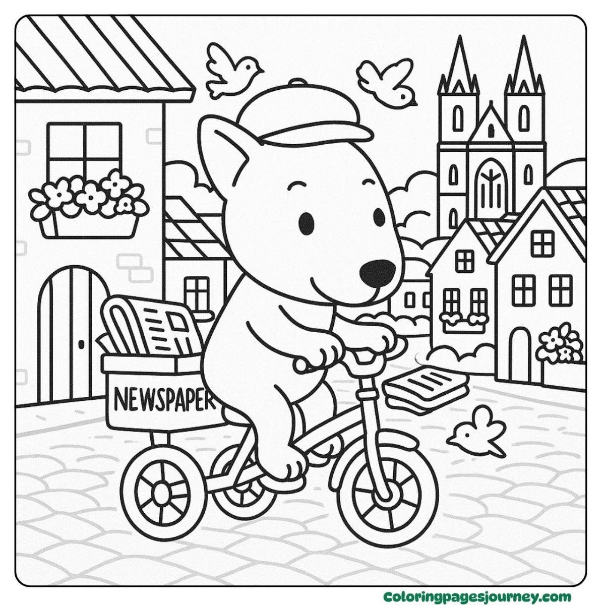 A Bull Terrier coloring page riding a bike through town A Bull Terrier coloring page delivering papers by bicycle