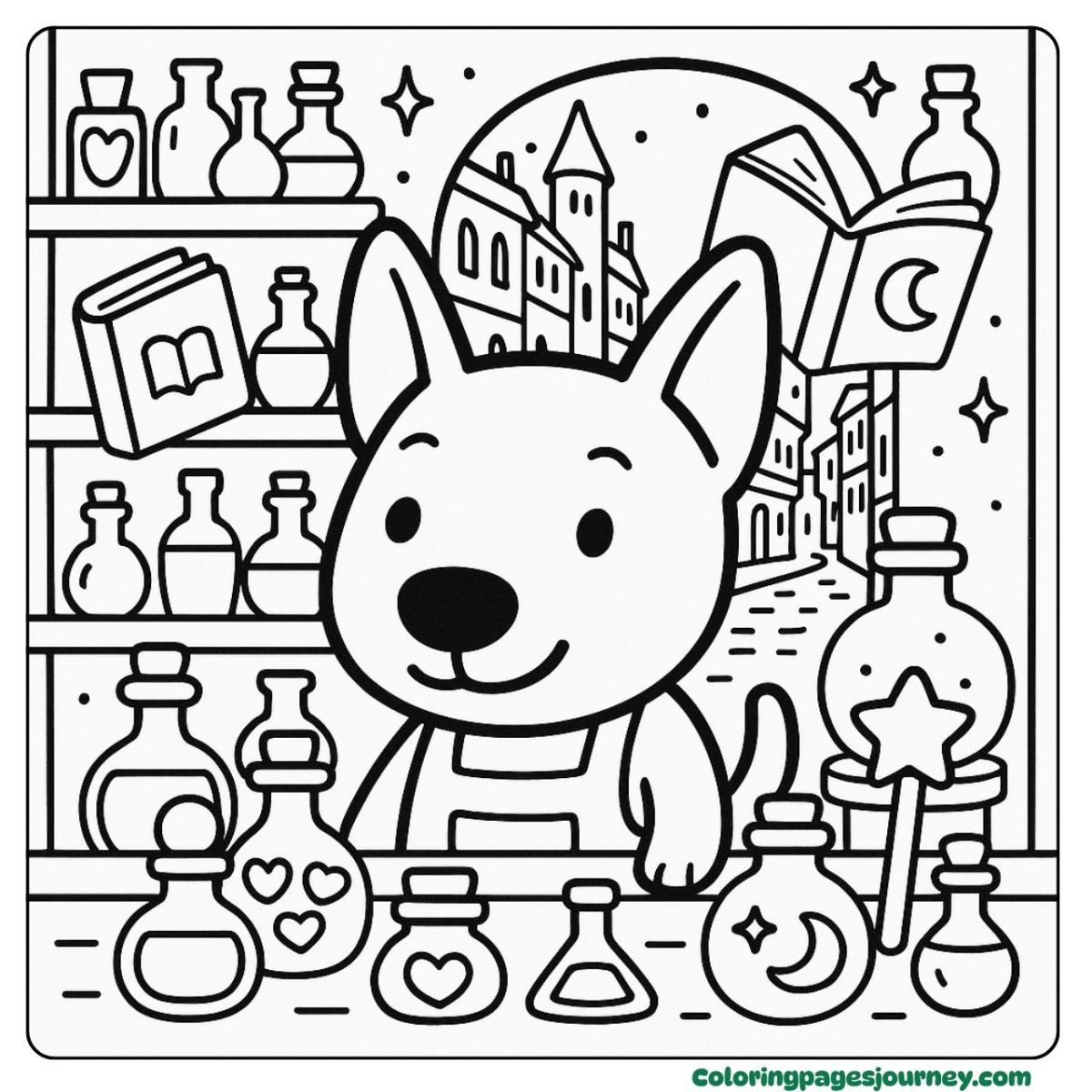 A Bull Terrier coloring page with magical potion bottles A Bull Terrier coloring page in a magical potion store