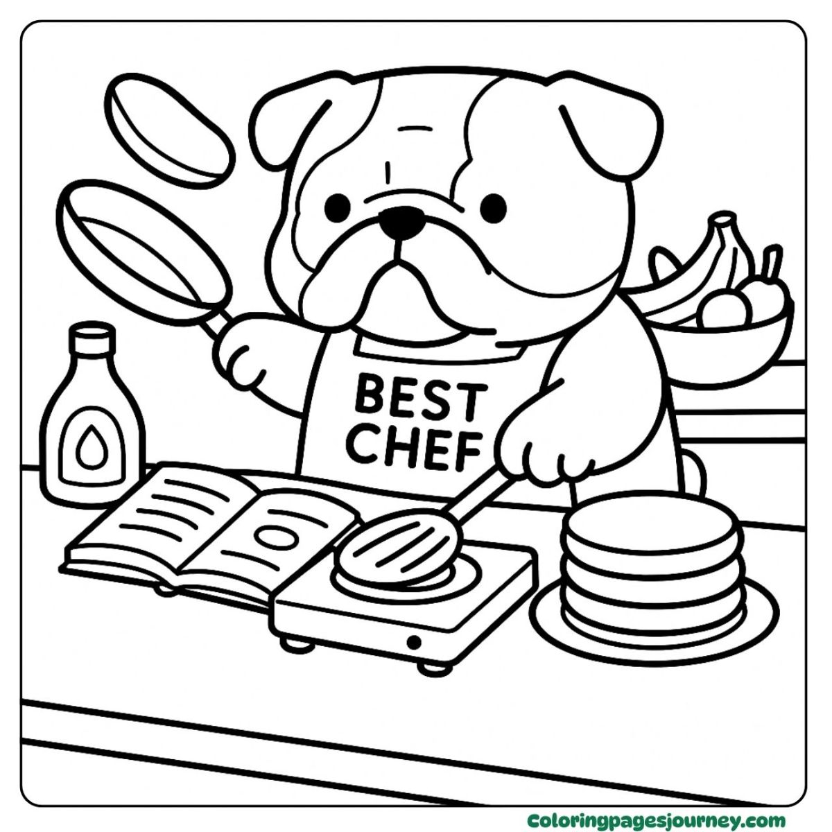 A Bulldog coloring page cooking pancakes like a chef A Bulldog coloring page where he flips pancakes as a chef