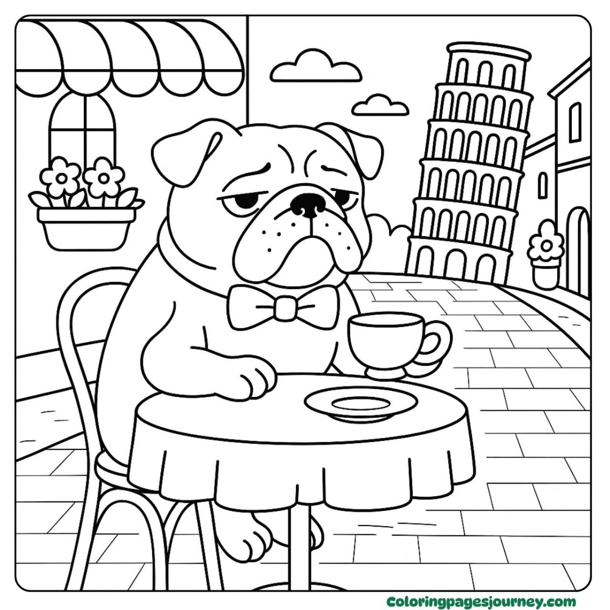 A Bulldog coloring page enjoying coffee near leaning tower A Bulldog coloring page of a café near the leaning tower