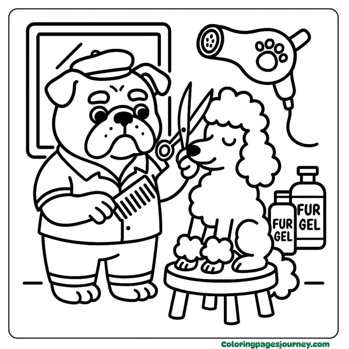 A Bulldog coloring page grooming a poodle at the fur salon A Bulldog coloring page at a pet grooming shop
