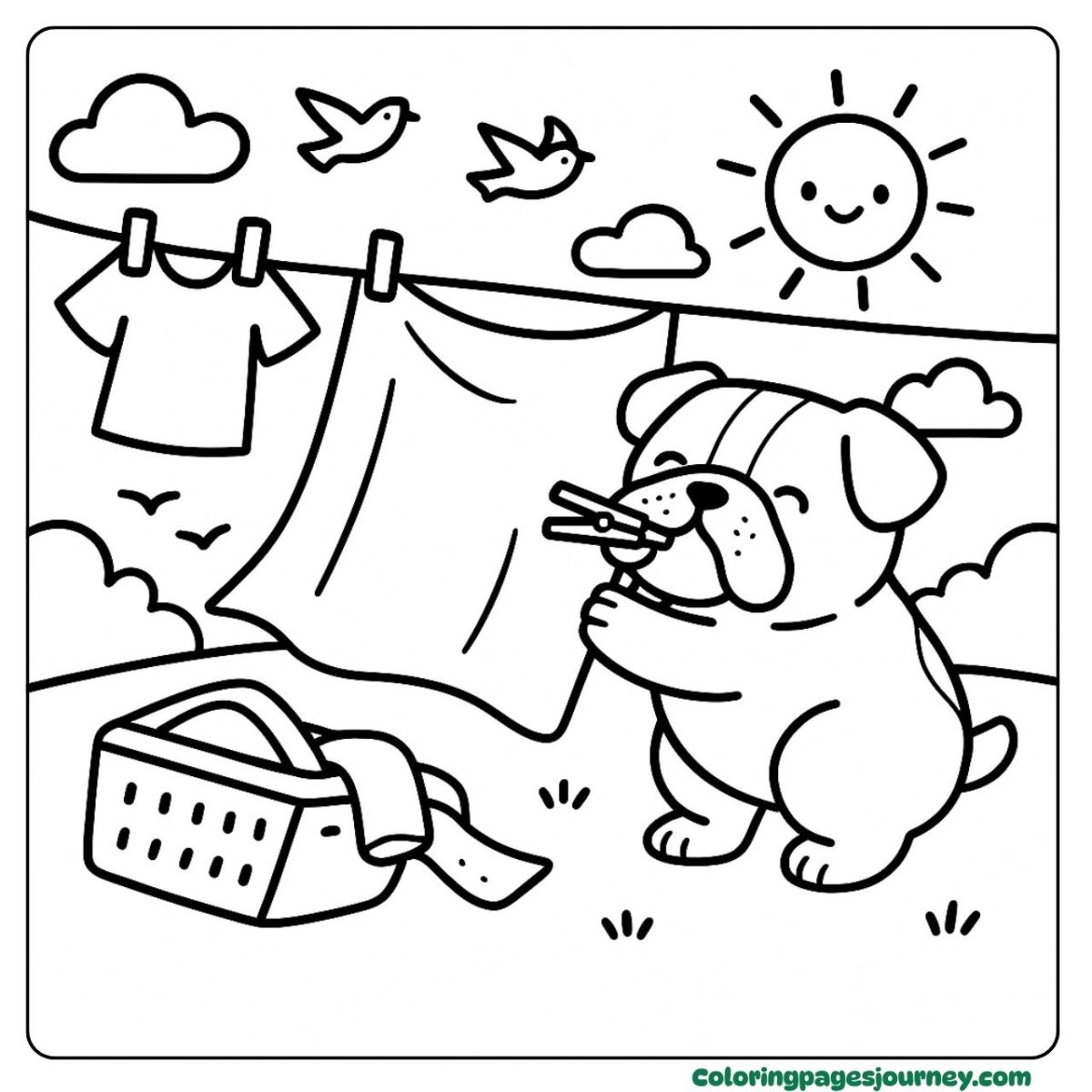 A Bulldog coloring page hanging fresh laundry in sunshine A Bulldog coloring page hanging clothes outside in the sun
