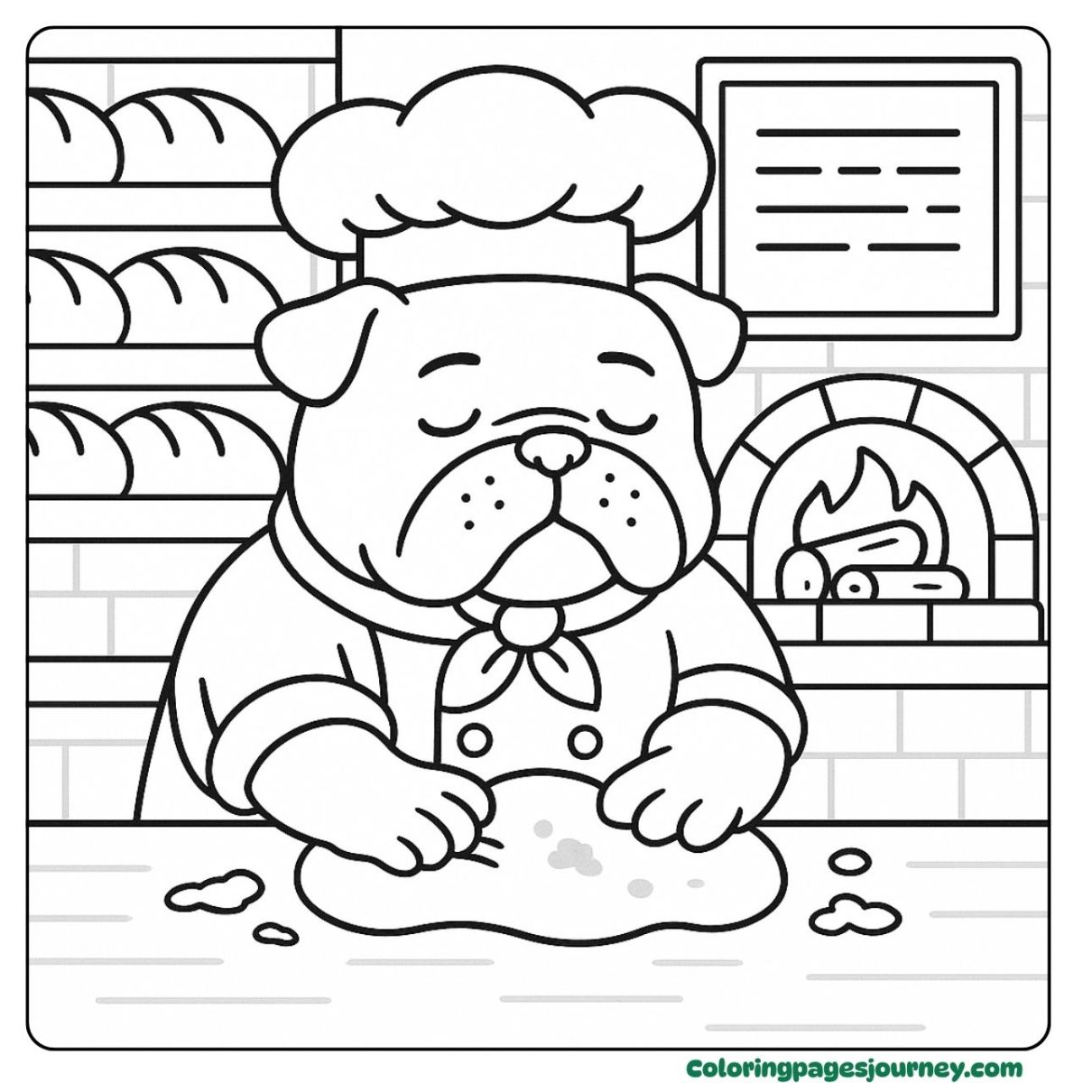 A Bulldog coloring page making bread in a cozy bakery A Bulldog coloring page kneading dough inside a bakery