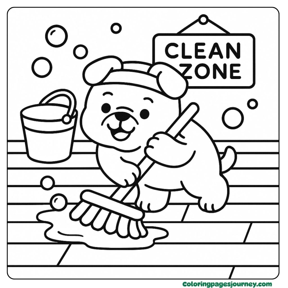 A Bulldog coloring page mopping happily in the clean zone A Bulldog coloring page keeping the floor neat and shiny