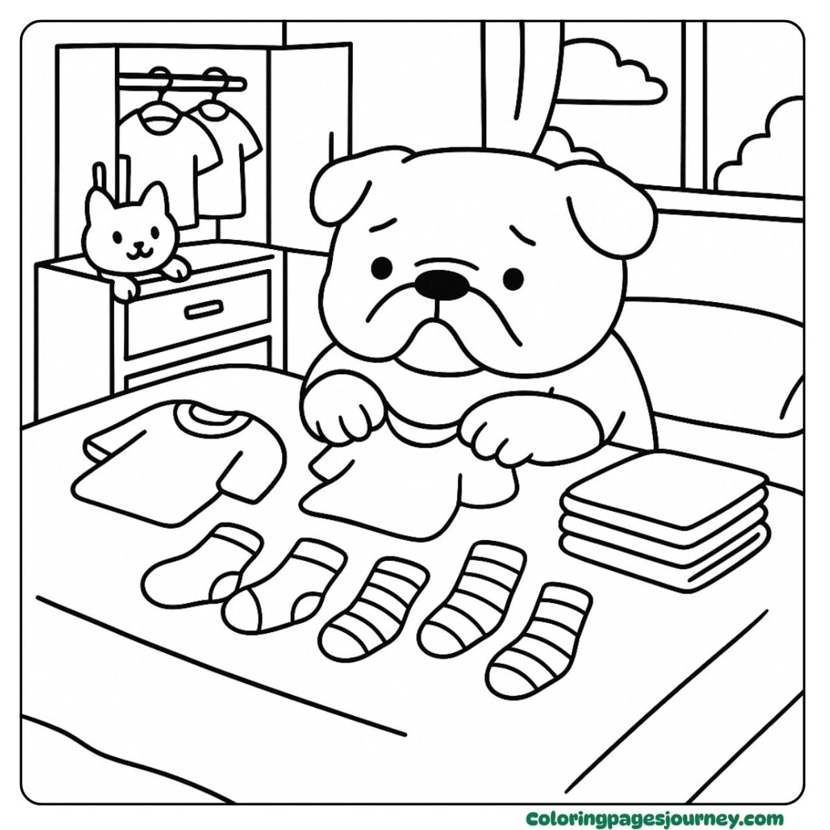 A Bulldog coloring page of laundry day with mismatched socks A Bulldog coloring page showing laundry with socks and shirts