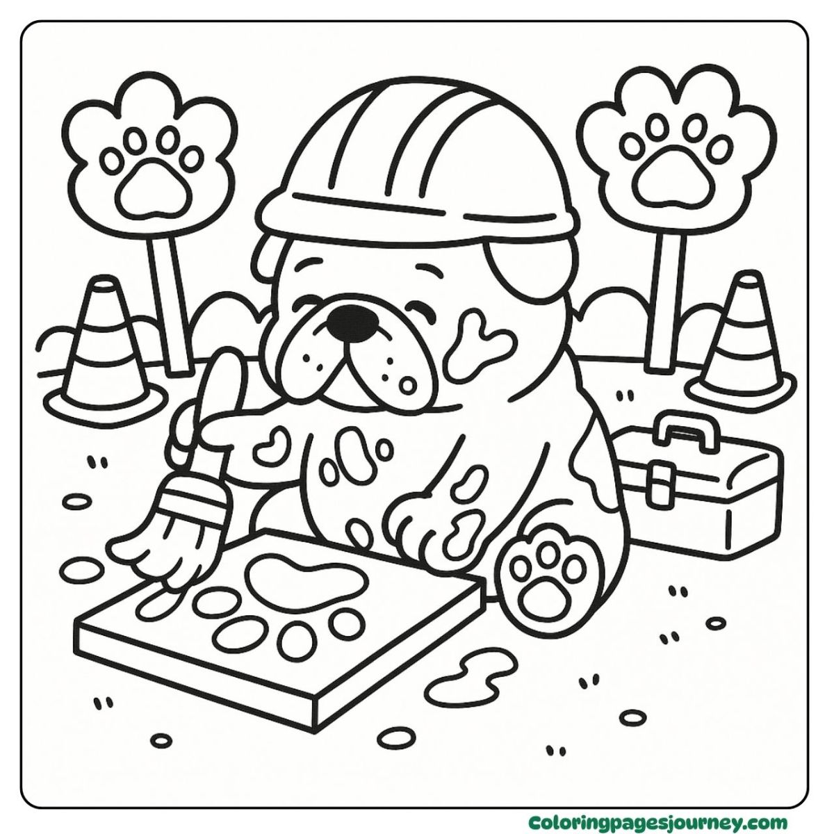 A Bulldog coloring page painting paw prints on a path A Bulldog coloring page painting paws at a fun site