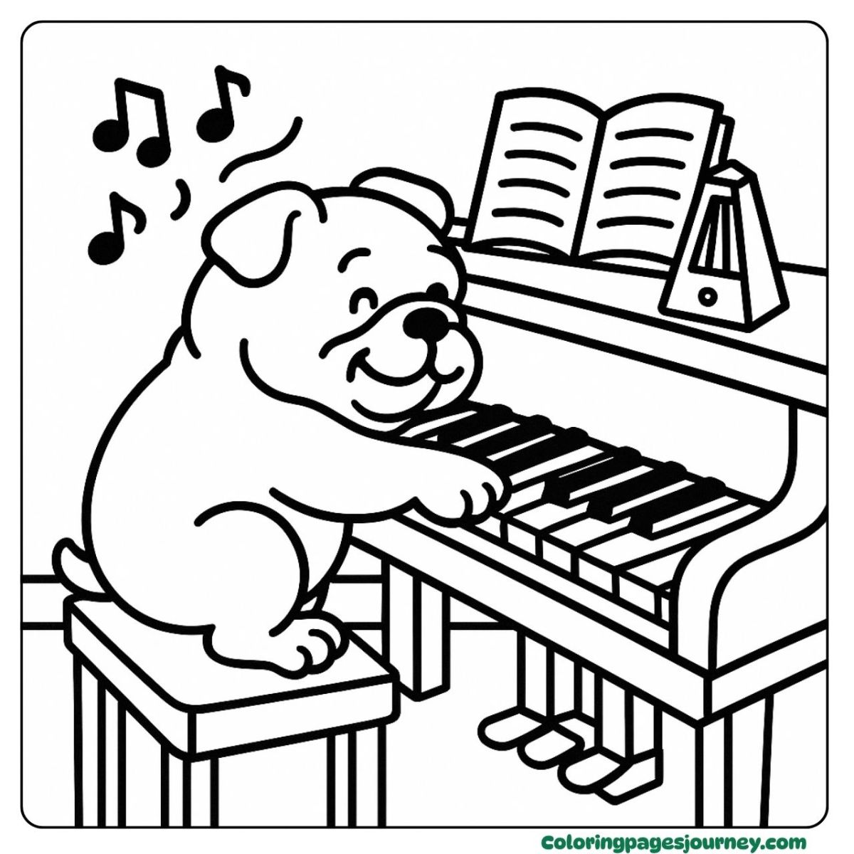 A Bulldog coloring page playing piano with joyful music A Bulldog coloring page enjoying music at the piano