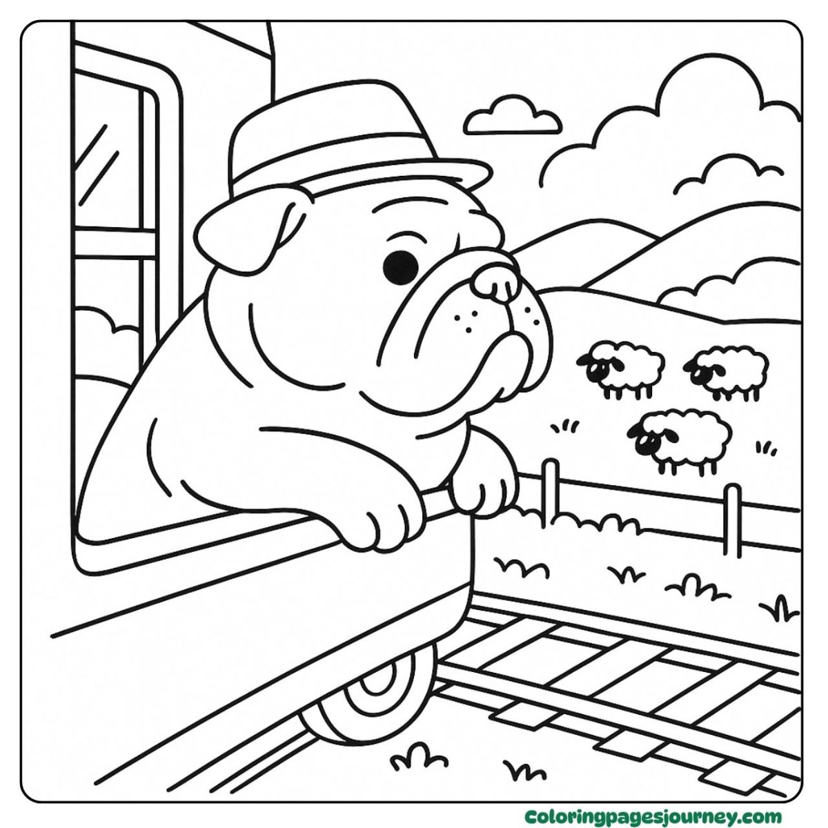 A Bulldog coloring page riding a train through green fields A Bulldog coloring page watching sheep from a train window
