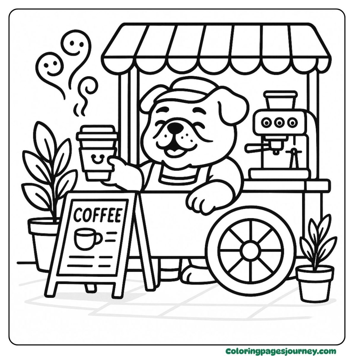 A Bulldog coloring page serving fresh coffee with a smile A Bulldog coloring page at a coffee cart with a cup in hand