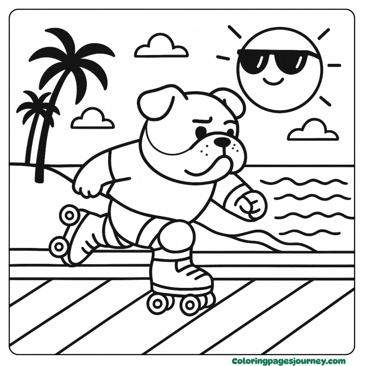 A Bulldog coloring page skating fast along the sunny coast A Bulldog coloring page roller skating by the beach