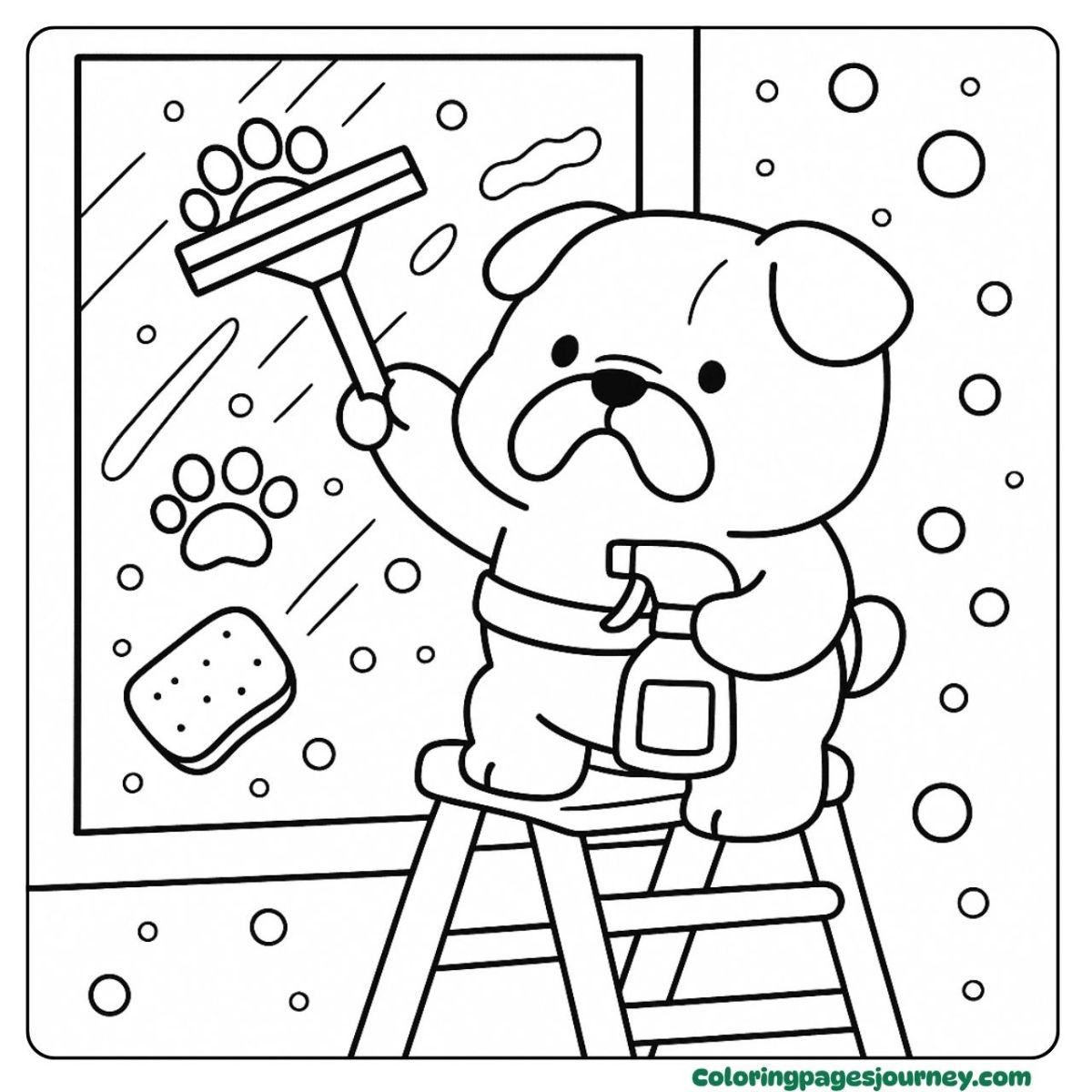 A Bulldog coloring page washing windows with bubble fun A Bulldog coloring page with cleaning tools and soap bubbles