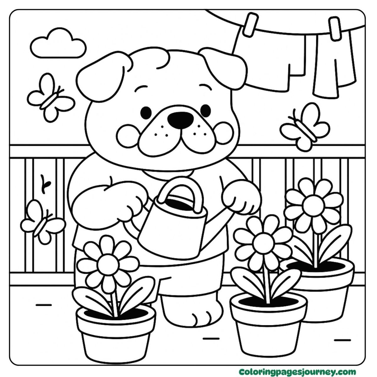 A Bulldog coloring page watering flowers in the balcony garden A Bulldog coloring page tending flowers with butterflies around
