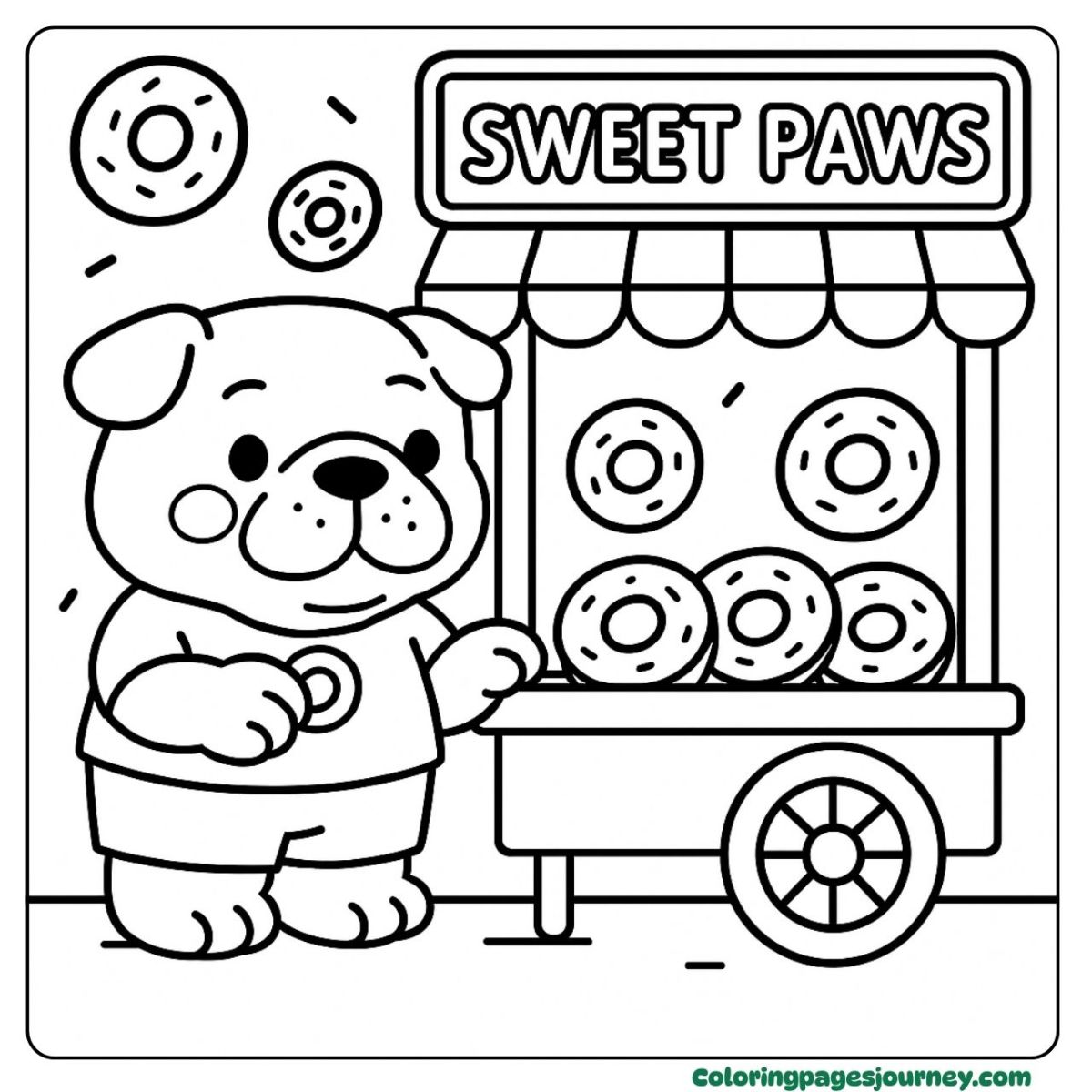 A Bulldog coloring page with donuts at a sweet paws stall A Bulldog coloring page taking donuts from Sweet Paws cart
