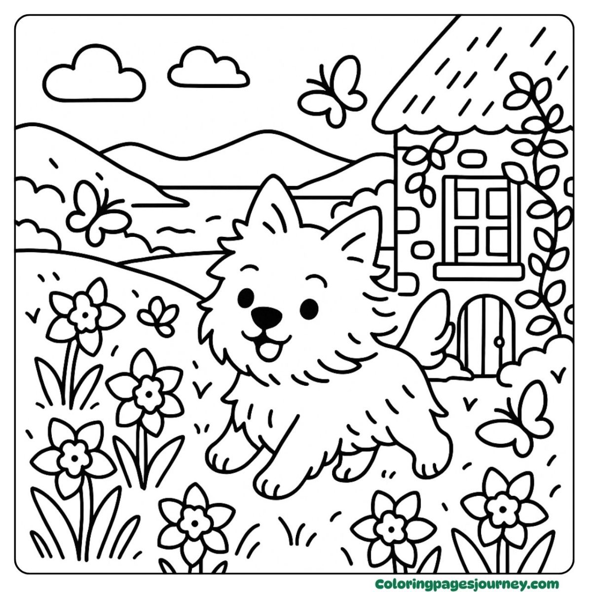 A Cairn Terrier coloring page in a spring garden A Cairn Terrier coloring page with blooming flowers