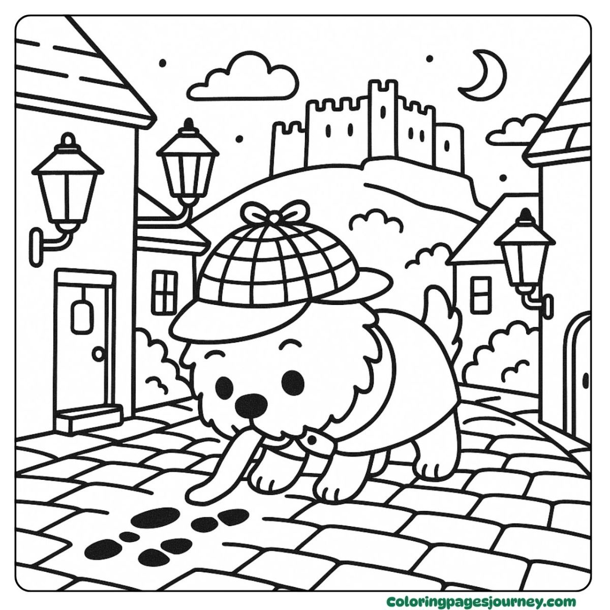 A Cairn Terrier coloring page on a moonlit mystery A Cairn Terrier coloring page as a little detective