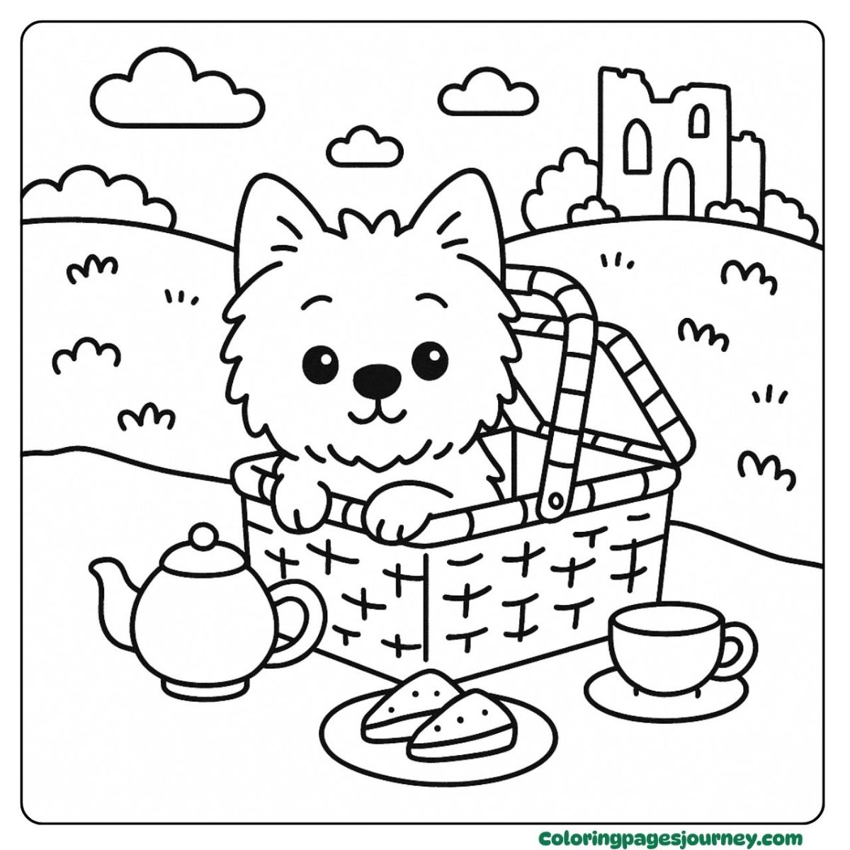 A Cairn Terrier coloring page with picnic charm A Cairn Terrier coloring page enjoying a picnic