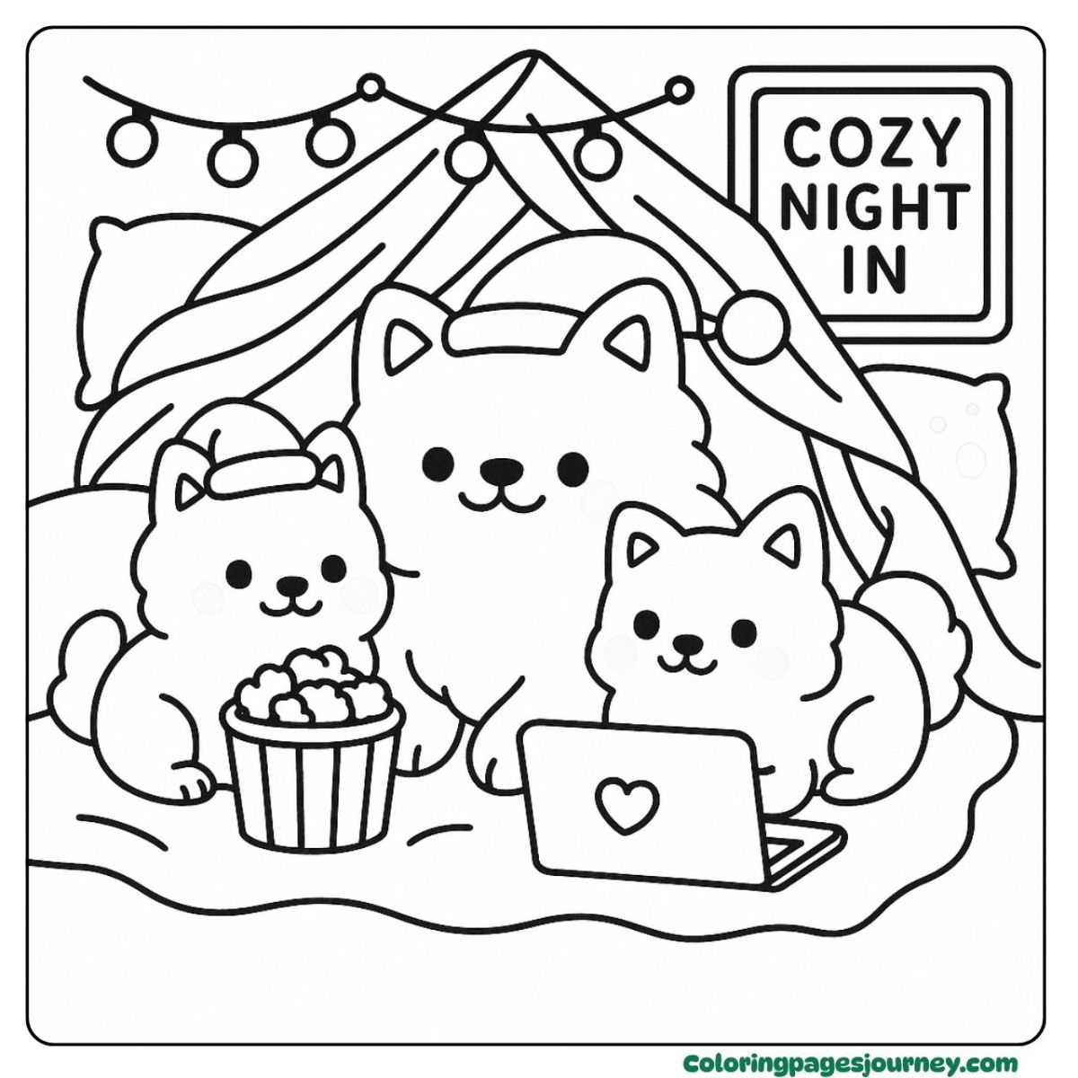 A Christmas dog coloring page of cozy movie night A Christmas dog coloring page family movie time