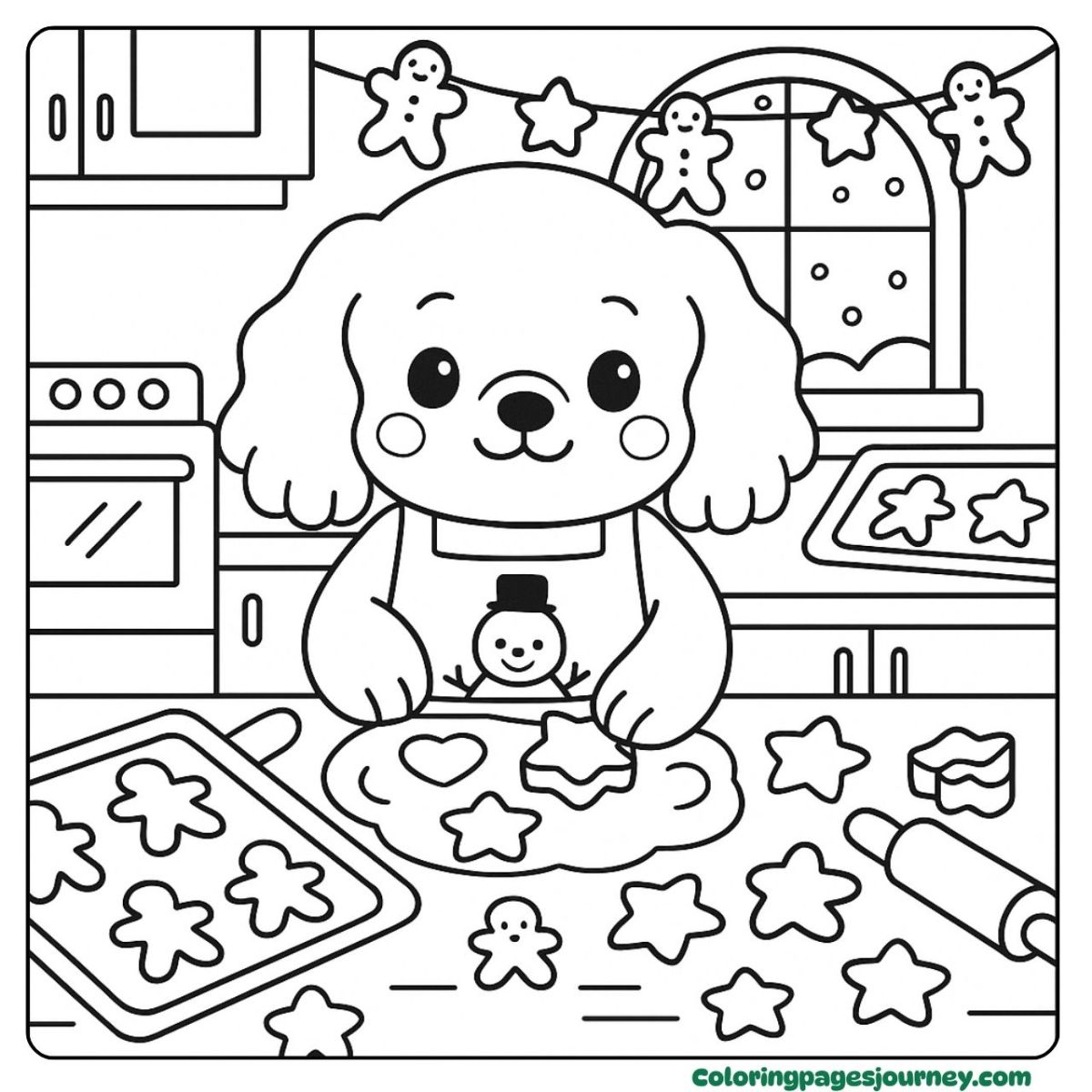 A Christmas dog coloring page with cookie baking A Christmas dog coloring page in the kitchen