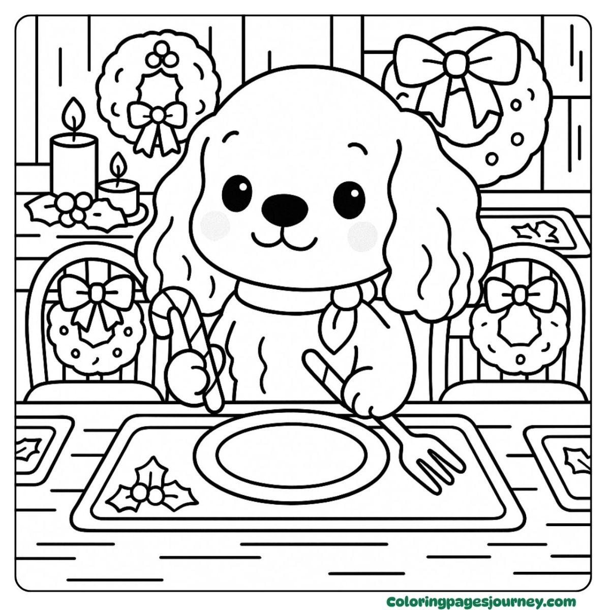 A Christmas dog coloring page with dinner setting A Christmas dog coloring page featuring holiday table