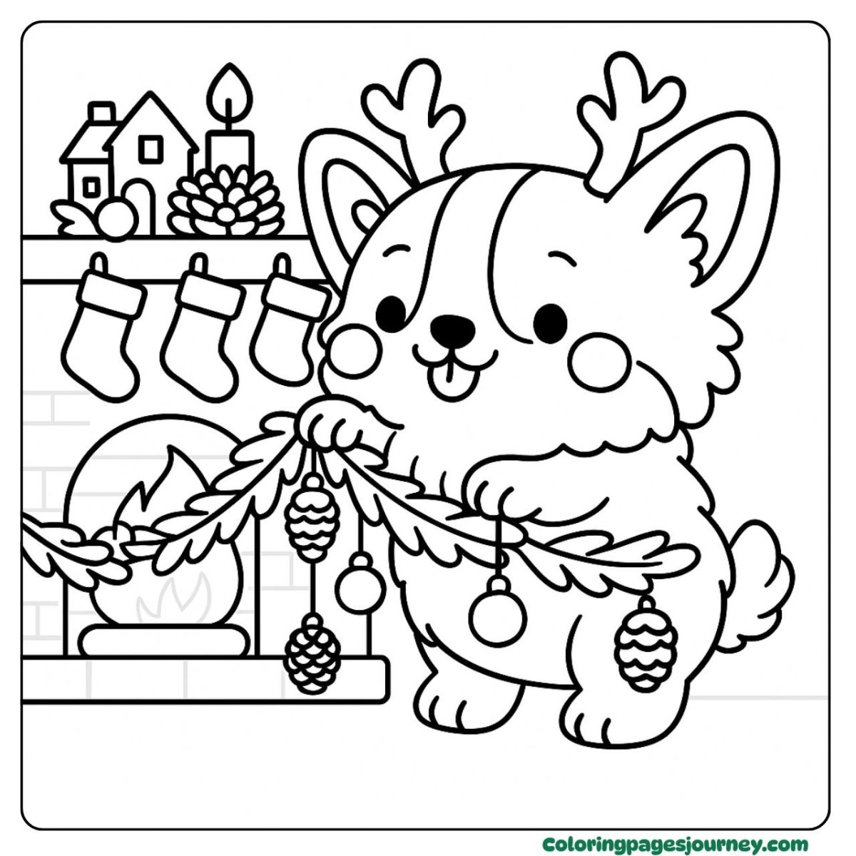 A Christmas dog coloring page with holiday garlands A Christmas dog coloring page near fireplace décor