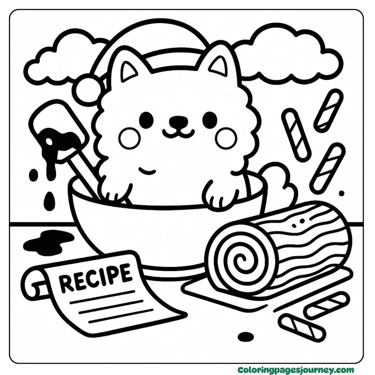 A Christmas dog coloring page with holiday recipe fun A Christmas dog coloring page making dessert