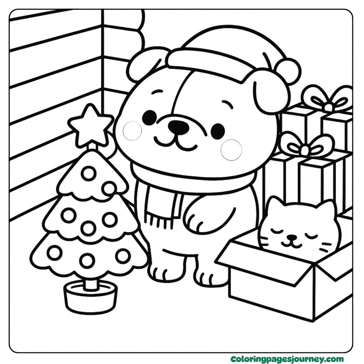 A Christmas dog coloring page with sleepy gift surprise A Christmas dog coloring page with tree and presents