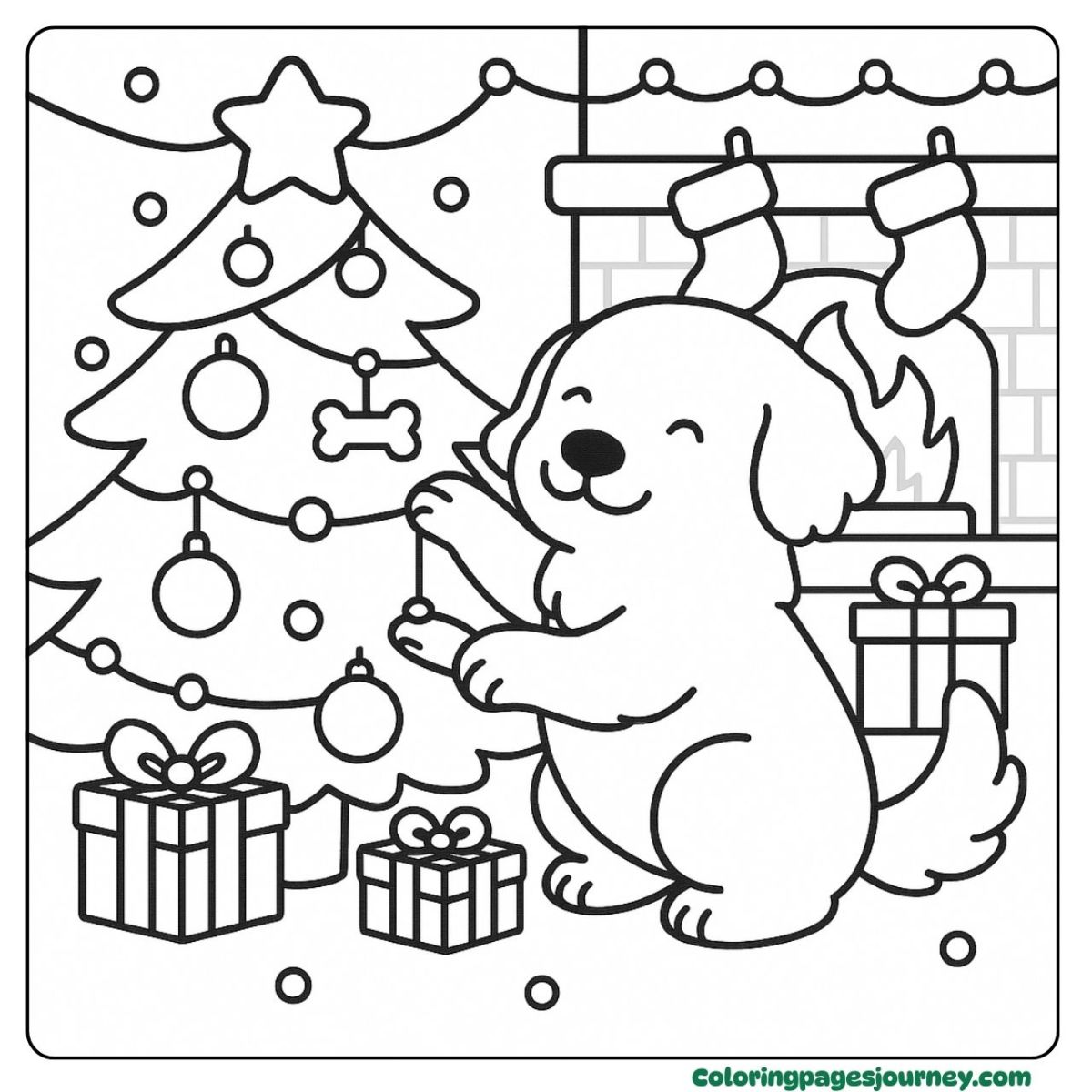 A Christmas dog coloring page with tree decorations A Christmas dog coloring page by the fireplace