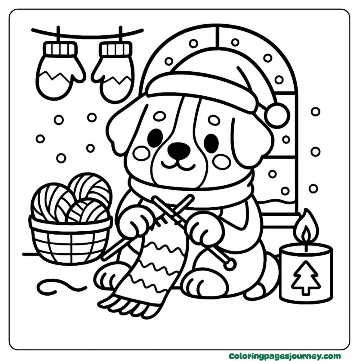 A Christmas dog coloring page with winter knitting A Christmas dog coloring page knitting a scarf